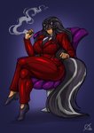 big_breasts breasts chair cigar clothed clothing crossed_legs female footwear furniture necktie shoes sitting smoking solo suit osmar-shotgun animal_humanoid humanoid mammal mammal_humanoid mephitid mephitid_humanoid skunk_humanoid absurd_res hi_res