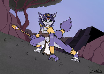 adventurer anthro blue_body blue_fur blue_hair breasts butt choker claws collar crown female fluffy forest fur grass green_eyes hair happy headgear jewelry laugh markings messy_hair nature nature_background necklace plant ruins seductive short_hair slim solo staff tail tiara tree tribal tribal_clothing tribal_jewelry tribal_markings wet elmistorr nintendo star_fox krystal_(star_fox) canid canine fox humanoid mammal