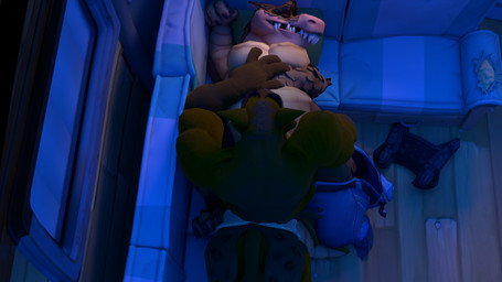 anthro bottomwear bottomwear_around_one_leg bottomwear_down brojob butt clothed clothing clothing_around_one_leg curled_fingers duo ears_back eyebrows eyes_closed furniture hand_holding hand_on_belly hand_on_butt happy happy_sex head_in_crotch implied_oral looking_pleasured lying lying_and_blow_position male male/male muscular muscular_anthro muscular_male muscular_on_overweight night nude on_back on_front oral overweight overweight_anthro overweight_male pants pants_around_ankles pants_around_one_leg pants_down partially_clothed pecs pillow pivoted_ears raised_eyebrows raised_hand sex sofa sucked_silly sucking teeth tongue tongue_out trailer_(vehicle) fr34ky4urry123! activision blender_cycles crash_bandicoot_(series) dingodile tiny_tiger canid canine canis crocodile crocodilian dasyuromorph dingo hybrid mammal marsupial recently_extinct_species reptile scalie thylacine 16:9 3d_(artwork) digital_media_(artwork) hi_res widescreen