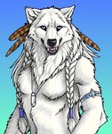 accessory anthro black_nose blue_eyes braided_hair crystal crystal_necklace feather_in_hair feathers fur gradient_background hair hair_accessory looking_at_viewer male nude open_mouth pecs pink_tongue simple_background solo teeth tongue tribal white_body white_fur white_hair goldenwolf canid canine canis mammal wolf digital_drawing_(artwork) digital_media_(artwork) half-length_portrait low_res portrait shaded