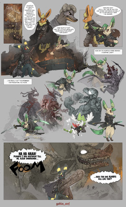 2_horns 5_fingers 5_panel_comic ambiguous_gender anthro armor attack biped black_body black_nose black_text blood bodily_fluids brown_eyes clothing crossed_arms dialogue ellipsis empty_eyes exclamation_point feral fingers fluffy fluffy_tail fur green_eyes group holding_melee_weapon holding_object holding_staff holding_sword holding_weapon hood horn jacket looking_at_another markings melee_weapon mouth_closed neck_tuft open_mouth open_smile orange_body question_mark red_eyes sharp_teeth slashing smile sound_effects sparkles speech_bubble staff standing sword tail talking_to_another teeth text topwear tuft weapon white_body white_eyes white_sclera white_text wounded yellow_body yellow_eyes yellow_fur yellow_markings goblin_serf nintendo pokemon eeveelution flareon gardevoir generation_1_pokemon generation_2_pokemon generation_3_pokemon generation_4_pokemon houndoom leafeon legendary_pokemon monster pokemon_(species) shaymin sky_forme_shaymin umbreon absurd_res artist_name comic english_text hi_res
