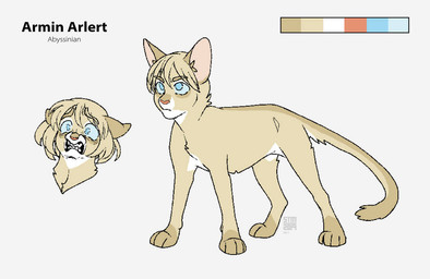 blonde_hair blue_eyes bob_cut feral feral_with_hair feralized fur hair heart_nose heart_symbol long_legs long_tail male pink_nose scared sharp_teeth simple_background solo tail tan_body tan_fur teeth white_background yellow_body yellow_fur silveyytm attack_on_titan armin_arlert abyssinian_cat domestic_cat felid feline felis mammal 2019