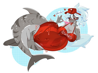 abdominal_bulge anthro belly big_belly blue_hair bodily_fluids breasts breath clothing female hair lifeguard pillow red_eyes saliva saliva_string solo sweat sweatdrop swimwear throbbing tongue tongue_out vore orcaocean aquatic fish shark absurd_res hi_res