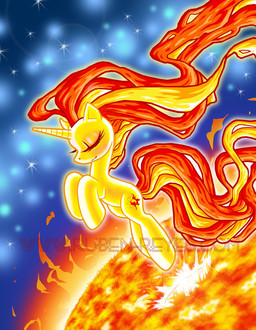 blonde_hair cutie_mark eyes_closed female feral fire flaming_hair flaming_tail fur hair horn long_hair multicolored_hair pseudo_hair red_hair smile solo space star sun tail two_tone_hair rubenreyes equestria_girls hasbro my_little_pony mythology sunset_shimmer_(eg) equid equine mammal mythological_creature mythological_equine unicorn