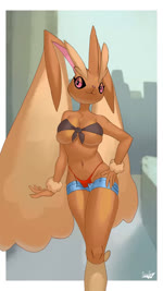 anthro big_breasts bottomwear breasts clothed clothing female midriff pink_nose pink_sclera shirt shorts solo thong tied_shirt topwear unbuttoned underwear ivvvle nintendo pokemon generation_4_pokemon lopunny pokemon_(species) 2d_animation 9:16 animated hi_res high_framerate long_playtime motion_tweening no_sound webm