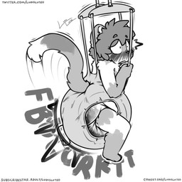 ambiguous_gender anthro baby_bouncer big_diaper blush blush_lines clothed clothing diaper diaper_only dipstick_tail feces fur gloves_(marking) hair huge_diaper leg_markings markings multicolored_body multicolored_fur multicolored_tail open_mouth pooping side_view simple_background socks_(marking) soiled_diaper soiling soiling_diaper solo sound_effects suspension tail tail_markings text topless unclean_diaper used_diaper using_diaper vowelless vowelless_sound_effect wearing_diaper white_background white_body white_fur white_inner_ear white_tail_tip wide_eyed ludis-luteo domestic_cat felid feline felis mammal 1:1 2023 absurd_res artist_name full-length_portrait greyscale hi_res monochrome portrait signature url