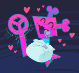 ambiguous_gender antennae_(anatomy) blush blush_lines clothed clothing cute_fangs diaper eyes_closed fangs heart_symbol object_in_mouth open_mouth pacifier pacifier_in_mouth peace_symbol pink_body simple_background smile solo teeth wearing_diaper bubblepuppers deltarune undertale_(series) virovirokun 2025 chromatic_aberration full-length_portrait hi_res portrait