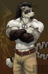 anthro belt black_body black_fur black_hair bottomwear clothed clothing crossed_arms fur grey_body grey_fur hair jewelry male muscular muscular_anthro muscular_male necklace pants pink_nose scar solo stripes tail bng dazen_(character) felid mammal pantherine tiger hi_res