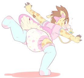 ageplay ambiguous_gender anthro blush bottomwear bow_(feature) clothed clothing diaper embarrassed exposed_diaper falling fully_clothed hair infantilism looking_back pacifier pink_bottomwear pink_clothing pink_skirt raised_arms roleplay short_hair skirt solo upskirt young young_ambiguous young_anthro ozzybear giraffe giraffid mammal