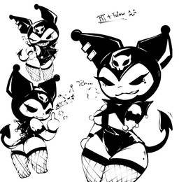 big_breasts breasts butt female short solo thick_thighs kapitan_sk. onegai_my_melody sanrio kuromi absurd_res hi_res monochrome