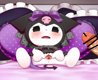 alternative_fashion anthro anthro_focus bed bed_sheet bedding black_clothing blush bodily_fluids chibi clitoris clothing drooling duo erection faceless_character female female_focus furniture genital_fluids genitals goth gothic_lolita human_on_anthro interspecies j-fashion jirai_kei lolita_(fashion) male male/female open_mouth panties penis saliva spade_tail spread_vulva spreading tail tears underwear vein veiny_penis vulva young shipuro onegai_my_melody sanrio kuromi demon human lagomorph leporid mammal rabbit