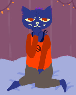 atmosphere bedroom bedroom_eyes blue_body blue_fur bra bra_peek bra_strap building clothing dim_lighting fur house lights narrowed_eyes paw_on_thigh paws pin-up_poster red_eyes seductive thighs_together underwear mevka night_in_the_woods mae_borowski felid feline mammal hi_res