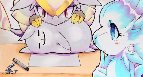 ambiguous_gender anthro blue_eyes blush blush_lines claws eyelashes eyes_closed feral fur grey_body group lying on_side pen_(object) pink_eyes sleeping tail trio white_body white_fur 025aki nintendo pokemon undertale_(series) annoying_dog_(undertale) canid canine canis domestic_dog generation_5_pokemon generation_7_pokemon jangmo-o legendary_pokemon mammal pokemon_(species) reshiram scalie 2025 absurd_res dated hi_res signature