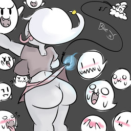 alternate_species ambiguous_gender big_butt blush bottomwear breasts butt clothed clothing clothing_lift fangs female female_focus fishing_rod grey_background grey_body grey_skin group hair humanoidized long_tongue nipple_outline no_underwear not_furry open_mouth ponytail question_mark rear_view shirt simple_background skirt skirt_lift solo_focus t-shirt teeth tongue tongue_out topwear whistling white_hair bluejr mario_bros nintendo boo_girl_(nyquil) boo_(mario) ghost humanoid spirit 1:1 2014