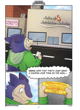 anthro building cellphone clothed clothing coupon electronics fluffy fluffy_tail green_eyes holding_object hoodie looking_up male neck_tuft outside phone road smartphone solo standing street tail text thought_bubble topwear tuft bagu conditional_dnp nintendo pokemon charlie_(bagu) generation_2_pokemon pokemon_(species) typhlosion absurd_res comic hi_res