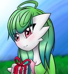 ahoge birthday_gift eye_through_hair female green_hair hair looking_at_viewer not_furry red_eyes simple_background smile solo translucent translucent_hair ghostth39 nintendo pokemon ailin_gardevoir gardevoir generation_3_pokemon humanoid pokemon_(species) 2022 bust_portrait portrait