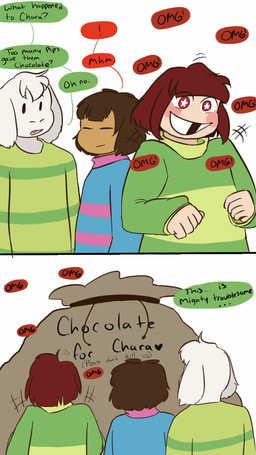ambiguous_gender anthro bag blue_clothing blue_sweater blue_topwear candy chocolate clothing dessert dialogue excited exclamation_point food fur green_clothing green_sweater green_topwear grin group male pattern_clothing pattern_sweater pattern_topwear simple_background smile speech_bubble striped_clothing striped_sweater striped_topwear stripes sweater teeth text topwear white_background white_body white_fur creepykitty413 undertale undertale_(series) asriel_dreemurr chara_(undertale) frisk_(undertale) boss_monster_(undertale) bovid caprine goat human mammal 2015 9:16 comic english_text hi_res