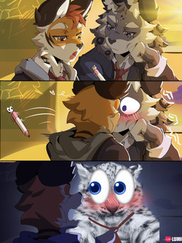 anthro blush clothed clothed_anthro clothed_male clothing duo kissing male male/male necktie pen real surprise_kiss lumii i_think_i_like_you dev_(i_think_i_like_you) red_(i_think_i_like_you) felid mammal pantherine snow_leopard tiger 3:4 absurd_res comic hi_res