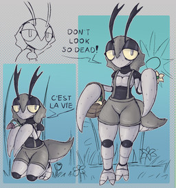 2_toes antennae_(anatomy) anthro arthropod_abdomen barefoot basket big_eyes black_body black_exoskeleton bottomwear breasts clothed clothing container dialogue exoskeleton eyelashes featureless_breasts feet female flower green_body green_bottomwear green_clothing green_exoskeleton green_shorts grey_body grey_exoskeleton grey_eyes grey_outline happy holding_flower holding_object kneeling lidded_eyes looking_at_viewer mantis_arms medium_breasts multicolored_body multicolored_exoskeleton open_mouth open_smile outline partial_speech_bubble plant shorts smile solo standing suspenders talking_to_viewer text thick_thighs toes topless yellow_sclera lizardfungus cc-by-nc-nd creative_commons arthropod insect mantis 2025 aliasing binary_drawing cel_shading digital_drawing_(artwork) digital_media_(artwork) english_text french_text hi_res multiple_images shaded translated