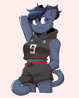 anthro black_bottomwear black_clothing black_shorts black_topwear blue_body blue_ears blue_eyes blue_fur blue_hair blue_tail bodily_fluids bottomwear breasts clothed clothed_anthro clothed_female clothing eye_through_hair eyebrow_through_hair eyebrows female female_anthro front_view fur hair hand_behind_head hand_in_pocket hoodie midriff number number_on_topwear pockets shorts simple_background sleeveless_clothing sleeveless_hoodie solo sweat tail tied_hair topwear translucent translucent_hair white_sclera conditional_dnp sonokido ventura_city_drifters alina_scratch domestic_cat felid feline felis mammal russian_blue 2022 digital_drawing_(artwork) digital_media_(artwork) hi_res portrait three-quarter_portrait