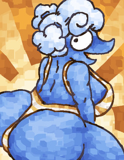 anthro big_butt bikini blue_body blush butt clothing cloud_hair female gold_bikini looking_at_viewer looking_back multicolored_clothing orange_background pattern_bikini pattern_clothing pattern_swimwear pigtails rear_view simple_background sitting solo striped_bikini striped_clothing striped_swimwear stripes swimwear two-piece_swimsuit white_bikini white_clothing white_swimwear yellow_background scaliescum deltarune undertale_(series) elnina_(deltarune) bovid caprine darkner mammal sheep hi_res
