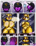 against_surface against_wall against_window anthro aroused big_breasts breast_squish breasts duo embarrassed female genitals licking machine male male/female nipples on_glass pussy security security_guard smile solo squish surprise text thick_thighs tongue tongue_out irc_(artist) five_nights_at_freddy's scottgames chica_(fnaf) purple_guy_(fnaf) animatronic avian bird chicken galliform gallus_(genus) human humanoid mammal phasianid robot absurd_res comic hi_res