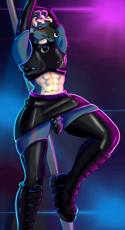 anthro bimbofication black_chastity_cage boots bottomwear chastity_cage chastity_device clothed clothing collar crossdressing dancing facial_piercing femboy footwear humiliation intelligence_loss latex legwear male piercing pole pole_dancing shoes skirt slave solo stockings submissive submissive_male analqueen mythology xargos dragon mythological_creature mythological_scalie scalie absurd_res hi_res