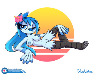 anthro beak blue_body blue_hair blue_nipples blue_skin breasts claws eyelashes feathers female flower hair looking_at_viewer lying navel nipples non-mammal_breasts non-mammal_nipples plant simple_background solo sun synthwave wings blueumbra avian bird signature watermark