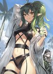 beverage bottomwear breasts clothing day duo female green_hair hair holding_object humanoid_pointy_ears looking_at_viewer navel nipple_outline outside palm_tree plant pointy_ears solo_focus swimwear tree asicah arknights hypergryph studio_montagne gavial_(arknights) tomimi_(arknights) animal_humanoid crocodile crocodile_humanoid crocodilian crocodilian_humanoid humanoid reptile reptile_humanoid scalie scalie_humanoid