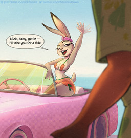 anthro bikini breasts buckteeth car carrot clothing duo female food fur grey_body grey_fur male multicolored_body multicolored_fur navel open_mouth orange_body orange_fur plant purple_eyes shirt swimwear teeth text topwear two-piece_swimsuit two_tone_body two_tone_fur vegetable vehicle khiaradraws disney zootopia judy_hopps nick_wilde canid canine european_rabbit fox lagomorph leporid mammal oryctolagus rabbit red_fox true_fox 2025 digital_media_(artwork) english_text hi_res
