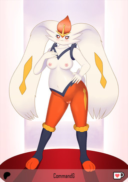 anthro anthrofied areola blush breasts female female_anthro genitals looking_at_viewer medium_breasts nipples pink_areola pink_nipples pokemorph pregnant pregnant_anthro pregnant_female solo vulva commandg nintendo pokemon cinderace generation_8_pokemon gigantamax_cinderace gigantamax_pokemon pokemon_(species)