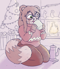 anthro big_tail biped bottomwear box breasts christmas_decorations christmas_tree clothed clothed_anthro clothed_female clothing container cup cutlery eyewear female fireplace fully_clothed fully_clothed_anthro fully_clothed_female fur fur_markings gift_box glasses green_eyes gun hair holding_container holding_cup holding_mug holding_object holidays inside kitchen_utensils kneeling long_hair markings mug one_eye_closed overweight overweight_anthro overweight_female pants plant ranged_weapon rifle solo spoon sweater tail teapot thick_thighs tongue tongue_out tools topwear tree weapon wearing_glasses wide_hips pabord christmas ritsuko_(pabord) bear giant_panda mammal 2025 absurd_res digital_drawing_(artwork) digital_media_(artwork) hi_res signature