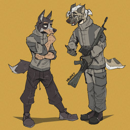 anthro black_body black_fur boots clothing duo eyebrows eyewear footwear fur glasses grey_body grey_fur gun male male/male military open_mouth ranged_weapon rifle round_glasses shoes soldier tail teeth teeth_showing tongue warrior weapon wearing_glasses mawkvlt brazilian_dawg_(ricthecusco) kolya_yeen_(mawkvlt) canid canine canis domestic_dog hyena mammal 1:1 hi_res