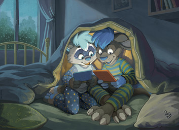 anthro blue_eyes blue_hair blue_nose clothed clothing duo fangs front_view fur glistening glistening_eyes grey_body grey_fur hair holding_console inside kneeling logo male male_anthro open_mouth open_smile pajamas pillow raining short_hair sitting smile teeth young young_anthro young_male pandapaco nintendo kangaroo macropod mammal marsupial procyonid raccoon artist_logo signature