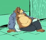 anthro beard belly book bottomwear brown_body brown_fur clothed clothing facial_hair fur male moobs navel nipples open_clothing open_shirt open_topwear overweight overweight_anthro overweight_male pants shirt sitting solo topwear spazz_bear bear mammal 2018