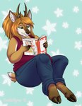 2018 anthro antlers book brown_antlers clothed clothing dated deer female fur glistening glistening_eyes green_eyes grin hair hi_res holding_book holding_object horn mammal narrowed_eyes orange_body orange_fur orange_hair overweight overweight_anthro overweight_female reading red_clothing red_topwear signature smile solo tiggybloom topwear white_body white_fur