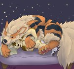 absurd_res anthro arcanine bed brown_body brown_fur calm canid canine claws digital_media_(artwork) duo eyes_closed feet feral from_behind_position fur furniture generation_1_pokemon hair hi_res hug hugging_another hugging_from_behind lying male mammal night nintendo on_bed one_eye_closed open_mouth orange_body pawpads paws pillow pokemon pokemon_(species) rhox sex simple_background size_difference sky sleeping smile spoon_position spooning tail teeth toes