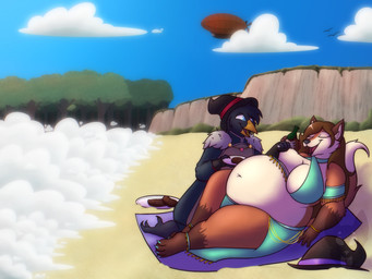 3_toes 4_fingers aircraft airship ambiguous_anthro ambiguous_gender anklet anthro armband barefoot beach beach_towel beak belly beverage big_belly big_breasts bikini biped black_body black_clothing black_feathers black_hair black_hat black_headwear black_lipstick blue_eyes blue_sky bottle bottomwear bracelet breasts brown_body brown_ears brown_fur brown_hair brown_markings brown_tail chain cheek_tuft claws cleavage cliff clothed clothed_ambiguous clothed_anthro clothed_female clothing container countershade_face countershade_fur countershade_neck countershade_torso countershading day duo eyes_closed facial_tuft feathers feeding feet female female_anthro fingers foam food footwear forest fur fur_trim glistening glistening_hair gloves_(marking) green_armband green_bikini green_bottomwear green_claws green_clothing green_grass green_leaves green_loincloth green_swimwear hair hat headgear headwear holding_beverage holding_bottle holding_container holding_food holding_fork holding_object holding_plate jewelry kneeling leg_markings lipstick loincloth lying lying_on_ground lying_on_towel makeup markings meat midriff navel on_back on_ground open_mouth overweight overweight_anthro overweight_female plant plate red_mouth red_tongue shrub sky socks socks_(marking) swimwear tail tan_body tan_countershading tan_inner_ear tan_tuft toe_claws toes tongue towel tree tuft two-piece_swimsuit vehicle white_clouds witch_hat yellow_beak strawberrymilkdog chiara_nowak ambient_bird ambient_flier avian bird canid canine corvid fox mammal oscine passerine 2023 colored digital_drawing_(artwork) digital_media_(artwork) hi_res shaded watermark