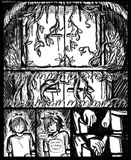 accessory anthro bodily_fluids clothing dialogue door duo female hand_holding headband plant shirt sweat sweatdrop text topwear vines young bakedbananners deltarune undertale_(series) dess_holiday kris_dreemurr human mammal 2025 comic english_text hi_res monochrome nonbinary_(lore)