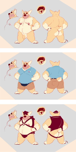 anthro arm_hair belly big_belly black_bottomwear black_clothing black_hat black_headwear black_topwear black_vest blue_clothing blue_shirt blue_t-shirt blue_topwear body_hair bottomwear brown_bottomwear brown_clothing brown_shorts bulge butt chest_hair closed_smile clothed clothing eyes_closed eyewear front_view fur glasses hat headgear headwear male moobs mouth_closed nipple_piercing nipple_ring nipples nude obese obese_anthro obese_male orange_body orange_fur overweight overweight_anthro overweight_male piercing rear_view red_eyes ring_piercing shirt shorts smile solo standing t-shirt topwear vest white_body white_fur chocolateandmilk richard_(chocolateandmilk) canid canine canis domestic_dog mammal 2020 absurd_res dated hi_res model_sheet signature