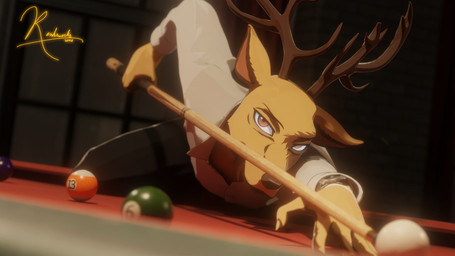 anthro billiard_table billiards clock clothed clothing collared_shirt cue_stick dress_shirt furniture jewelry leaning leaning_forward looking_at_viewer male shirt solo suit table topwear watch window vermilionrenderworks beastars louis_(beastars) cervine deer mammal red_deer 16:9 3d_(artwork) blender_(artwork) digital_media_(artwork) hi_res signature widescreen