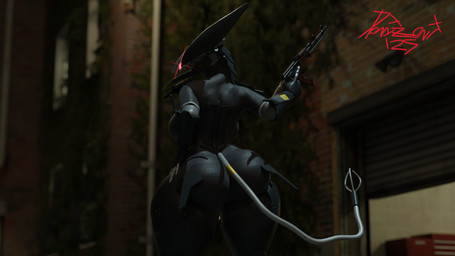 anthro assault_rifle big_butt butt clothed clothing female glowing glowing_eyes gun hand_on_leg hand_on_thigh holding_gun holding_object holding_ranged_weapon holding_weapon looking_at_viewer looking_back looking_back_at_viewer machine ranged_weapon red_eyes rifle sneaking_suit solo tail weapon domizoni konami metal_gear blade_wolf robot 16:9 2025 3d_(artwork) blender_(artwork) digital_media_(artwork) hi_res widescreen