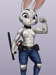 abs anthro biceps bow_tie breasts clothed clothing club_(weapon) female flexing fur grey_body grey_fur melee_weapon muscular muscular_anthro muscular_female nightstick nipples police police_uniform pose purple_eyes solo topless uniform weapon nsfy_(artist) disney zootopia judy_hopps lagomorph leporid mammal rabbit hi_res