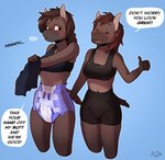 anthro blush bra clothed clothing dialogue diaper duo embarrassed eyes_closed female gesture hand_gesture hand_on_butt navel speech_bubble thumbs_up underwear wearing_diaper wetness_indicator arzdin asinus donkey equid equine mammal sibling_(lore) sister_(lore) sisters_(lore)