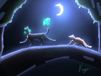 aley_(senkooooo) bioluminescence black_body black_eyes black_fur blue_eyes crescent_moon duo female feral forest forest_background fur glowing gradient_background green_eyes hair heterochromia light male male/female moon moonlight open_mouth orange_body orange_fur orange_hair plant simple_background sky star tail tree walking white_body white_fur white_hair soy4nima nima_(soy4nima) canid canine domestic_cat felid feline felis fox mammal 4:3 digital_media_(artwork) hi_res signature watermark