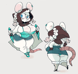 anthro bandage bandage_on_face bandage_on_nose big_breasts blue_bottomwear blue_clothing blue_dress blue_eyes blue_footwear blue_shoes blue_shorts blue_topwear boots bottomwear braided_hair breasts butt cleavage cloak clothed clothing dagger dress ear_piercing ear_tuft eyelashes female footwear fur furred_boots hair hand_on_hip high_heeled_boots high_heels holding_object holding_weapon hood huge_breasts leotard markings melee_weapon mole_(marking) mole_on_breast navel_outline notched_ear overweight overweight_anthro overweight_female piercing rat_tail rear_view shoes short_stack shorts solo tail thick_thighs topwear tuft underbutt weapon whiskers white_body white_fur white_hair wide_hips gats tish_(gats) mammal murid murine rat rodent