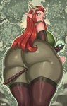 big_breasts big_butt breasts butt camel_toe clothed clothing female fully_clothed green_eyes hair huge_breasts huge_butt huge_hips huge_thighs humanoid_pointy_ears legwear long_hair looking_at_viewer looking_back low-angle_view pointy_ears red_hair solo staff thick_thighs thigh_highs wide_hips howardk1999 critical_role dungeons_and_dragons hasbro wizards_of_the_coast keyleth elf humanoid absurd_res hi_res