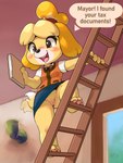 2024 3:4 ajin animal_crossing anthro blonde_hair blush bottomwear canid canine canis casual_exposure clothed clothing dialogue domestic_dog female file file_folder folder fur genitals hair happy hi_res isabelle_(animal_crossing) ladder lol_comments mammal nintendo no_underwear on_ladder open_mouth pencil_skirt pussy secretary shih_tzu short_stack skirt smile solo speech_bubble tail tail_motion tailwag taxes teeth tongue topwear toy_dog upskirt vest yellow_body yellow_fur