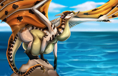 ambiguous_feral ambiguous_gender belly big_belly black_markings blue_sky brown_eyes cloud digitigrade dipstick_nose feral frill_(anatomy) gloves_(marking) green_body head_crest head_frill leg_markings markings membrane_(anatomy) membranous_wings mouth_closed neck_frill orange_wings outside quadruped rock side_view sky socks_(marking) solo spread_wings tail tail_frill text thick_tail vore water white_body wings roobin european_mythology mythology wings_of_fire sinai_(mal.) dragon mythological_creature mythological_scalie sandwing_(wof) scalie western_dragon artist_name hi_res