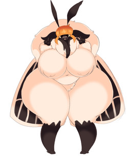 antennae_(anatomy) anthro bandage bandage_on_face bandage_on_nose big_breasts black_eyes breasts double_v_sign female gesture hair hand_gesture orange_hair simple_background solo v_sign white_background wings yellow_sclera dewbber jenny_(vetarix) arthropod insect lepidopteran moth 2023 absurd_res digital_media_(artwork) hi_res